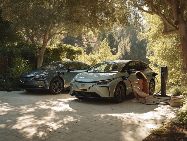 אשה מטעינה רכב מרכב חשמלי נוסף