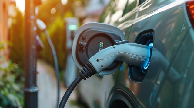 תקריב של ידית טעינה של כבל טעינה Type 2 מחוברת לרכב חשמלי, עם תאורה כחולה סביב שקע הטעינה.