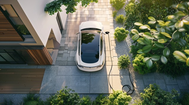 כבל מאריך מחובר לרכב חשמלי מבט עילי. על רקע גינה ובית בקיץ