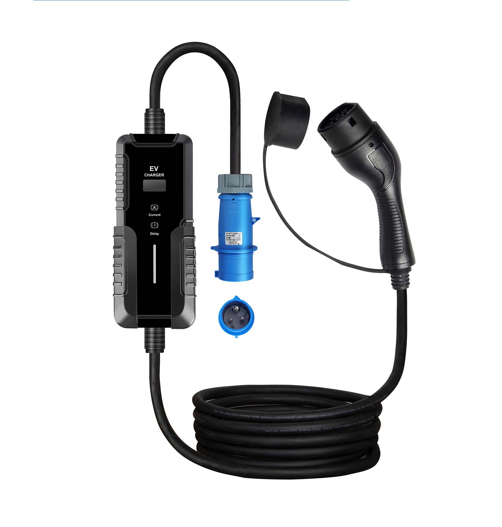 מטען נייד 11kWh לרכב, עם מחבר סיקון ומתאם AC אחד המחברים בצע כחול