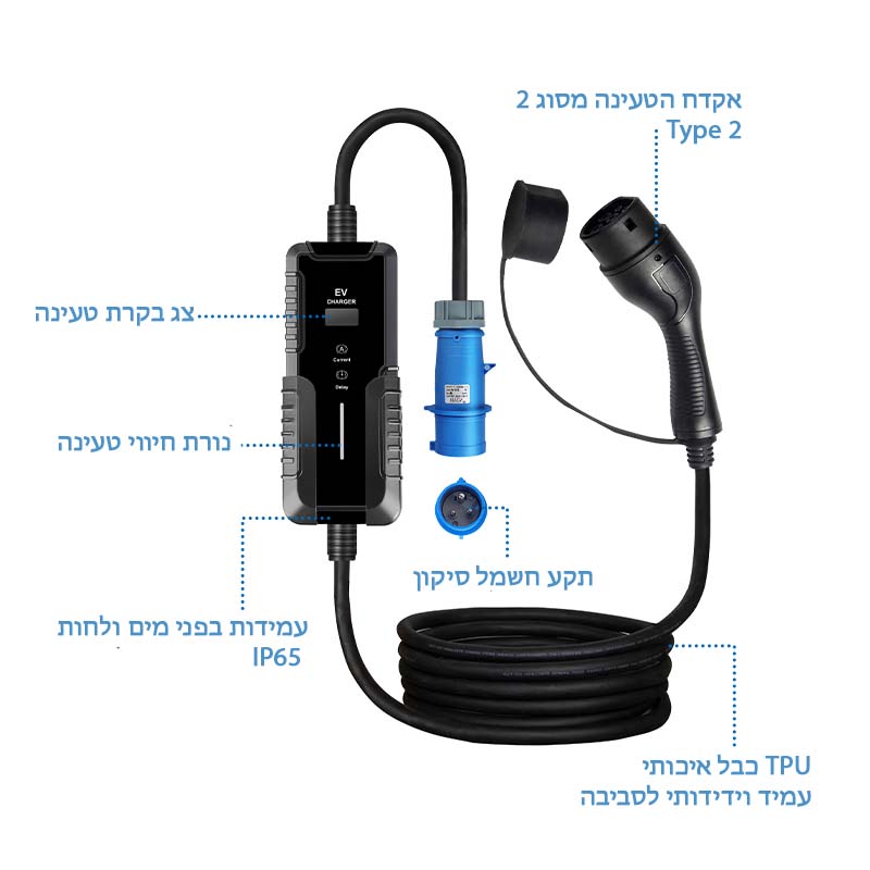 מטען נייד 11kWh לרכב, עם מחבר סיקון ומתאם AC אחד המחברים בצע כחול כולל אותיות הסבר בעברית על המוצר