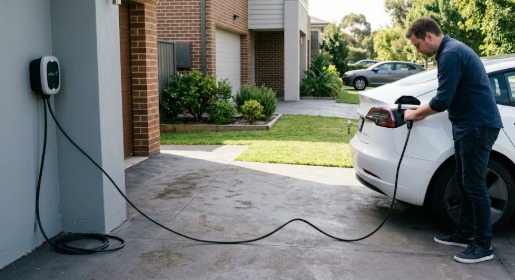 אדם מודד מרחק של כבל מהעמדת טעינה שעל הקיר ועד לרכב טסלה לבן