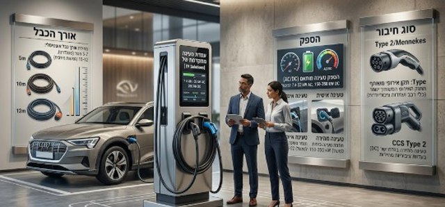 אולם תצוגה עם שלטי הסבר על בחירת כבל טעינה עם 2 נציגים שעומדים ליד עמדת טעינה